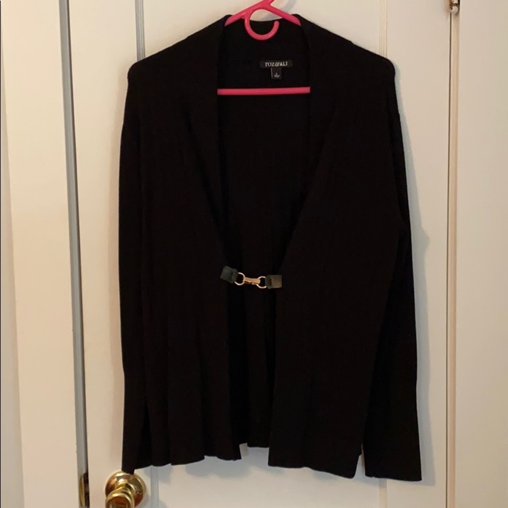 Black cardigan with gold clasp